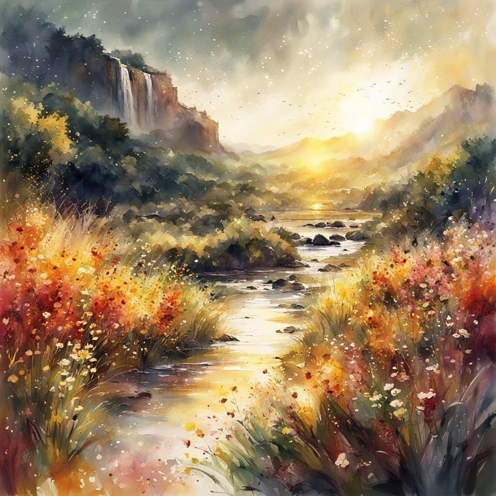 Surreal Summer Paradise in Vibrant Watercolor Style