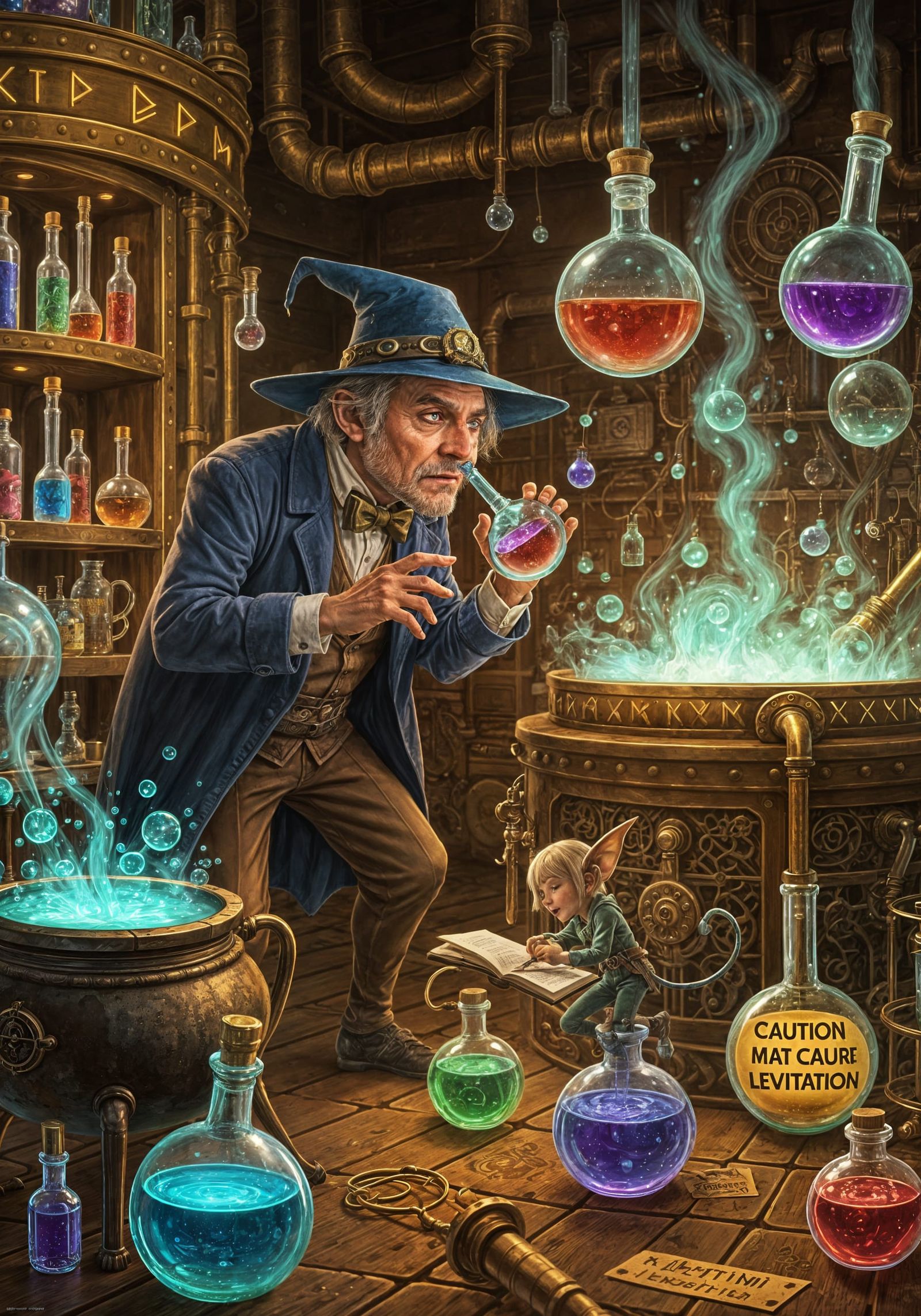 Wizard Inspects Potion in Steampunk Lab