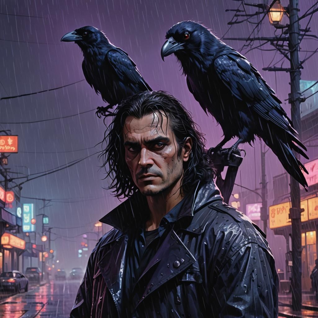 Eric Draven in Rain with Crow: Dark Fantasy Art