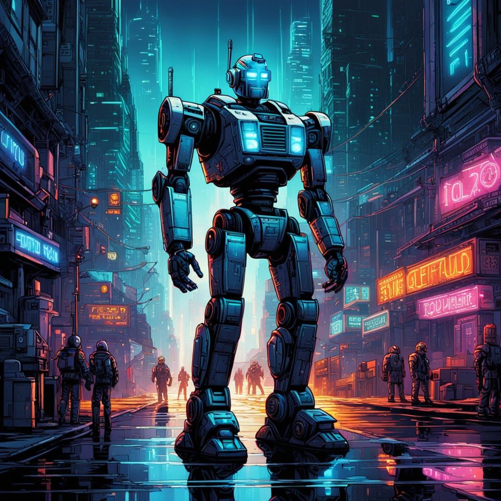 Robot in Sci-Fi City: Comic Book Art