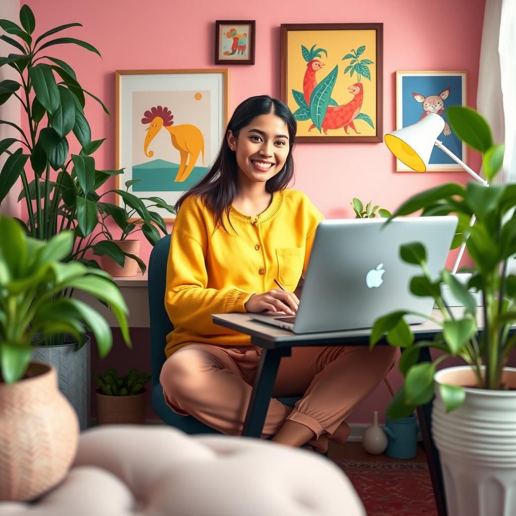 Happy Woman Earning Money at Home, Whimsical Illustration