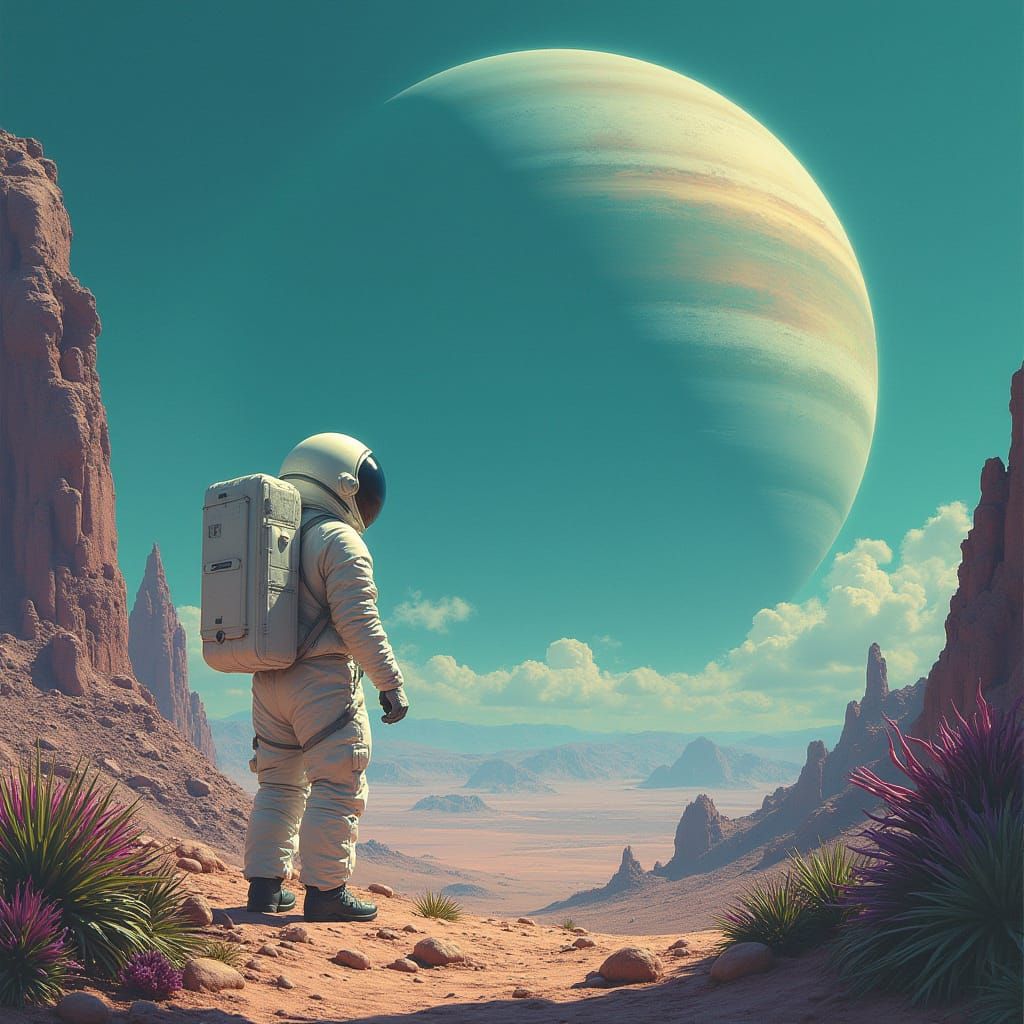 Imagine a lone astronaut standing on a desolate, alien planet, gazing up at a colossal, ringed gas giant dominating the ...