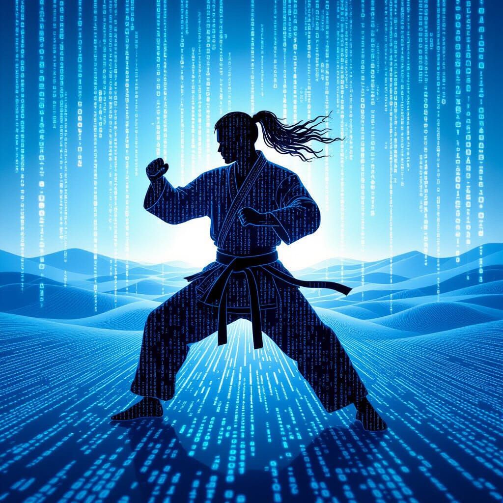 Martial Artist Silhouette Made of Digital Code in Matrix Lan...