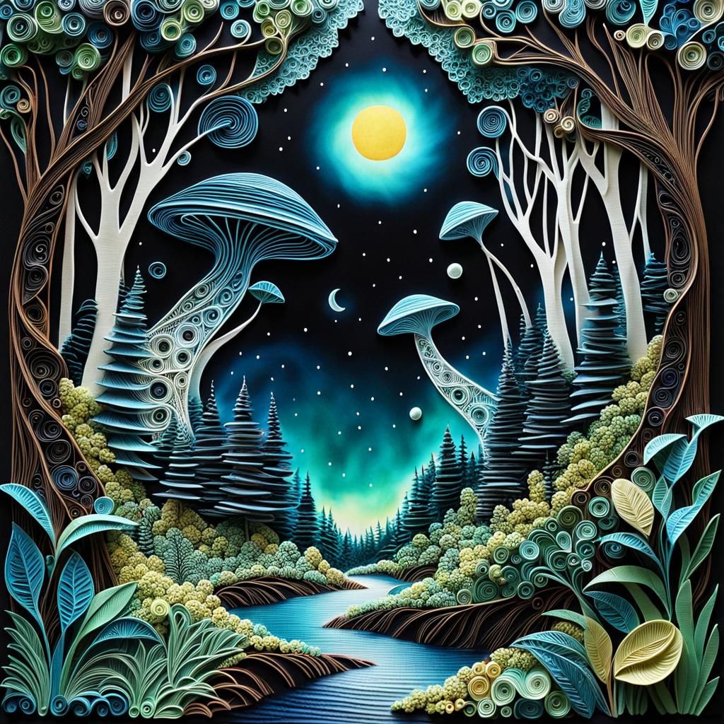 Surreal Alien Dreaming Forest in Papercraft Style