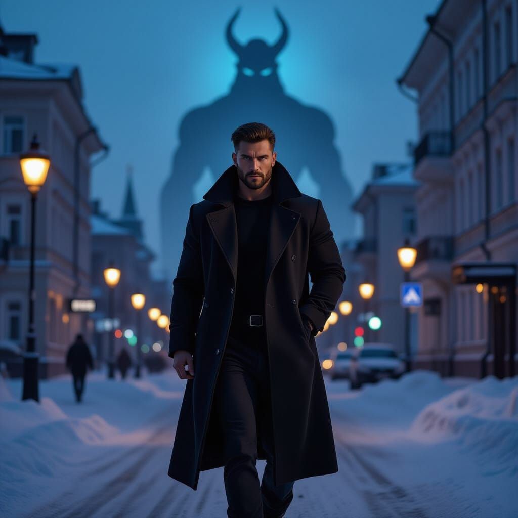 Russian Man in Winter Coat with Mythic Shadow