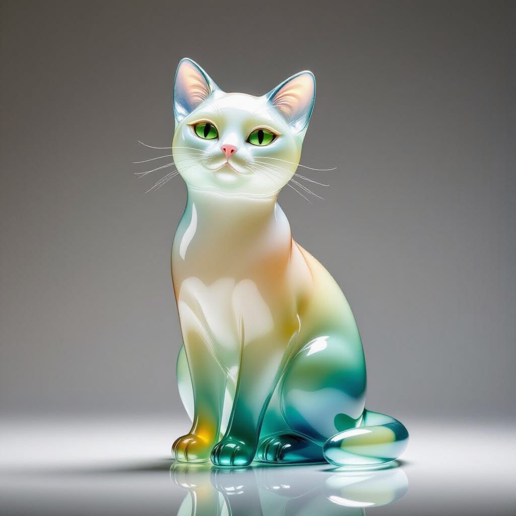 Ethereal Glass Sculpture of a Cat in Tranquil Pose