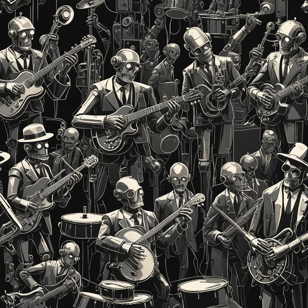 Robot Jazz Band in Post-Impressionism Film Noir Style