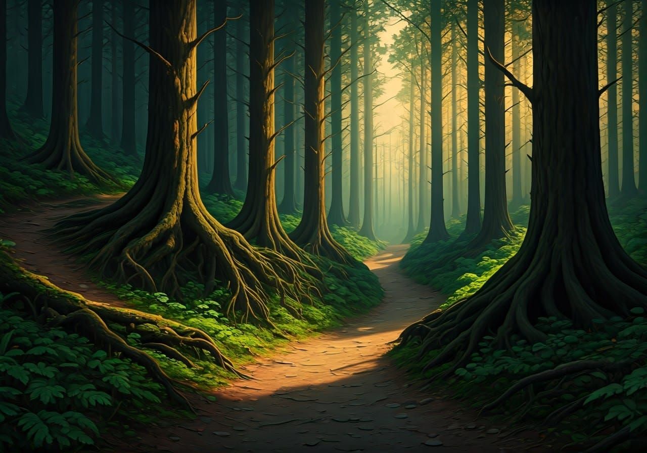 Mystical Forest with Winding Paths in Emerald and Golden Lig...