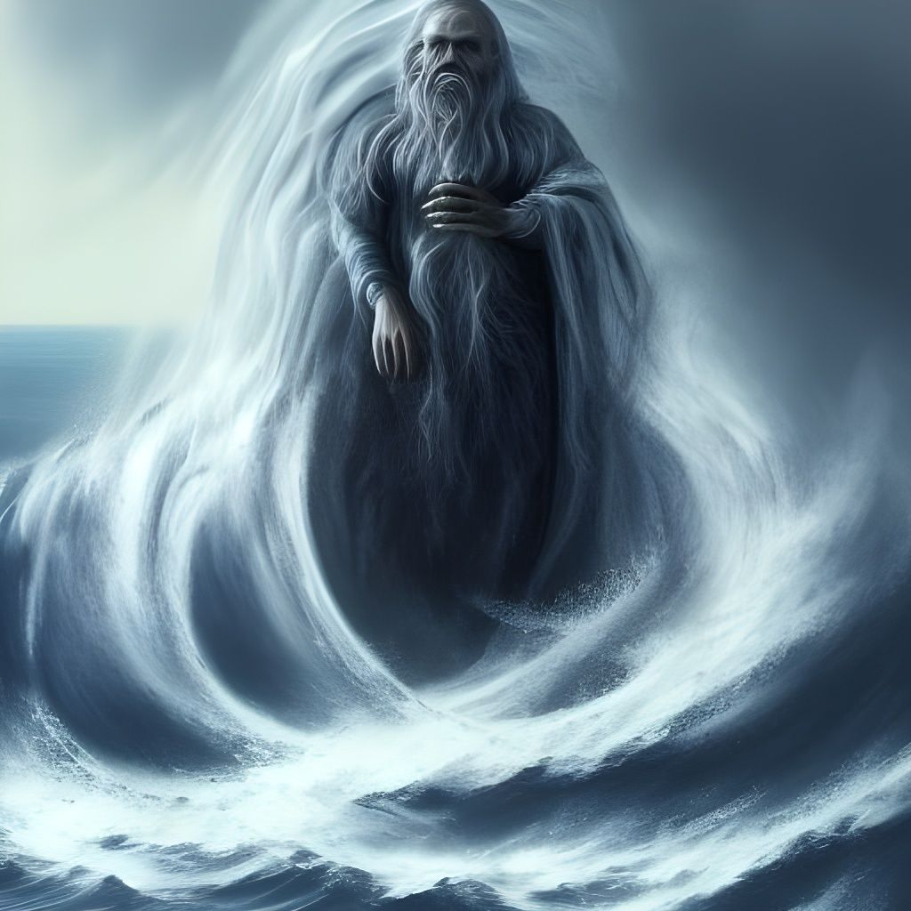 Sea Mage Emerges from Stormy Seas in Art Deco Style