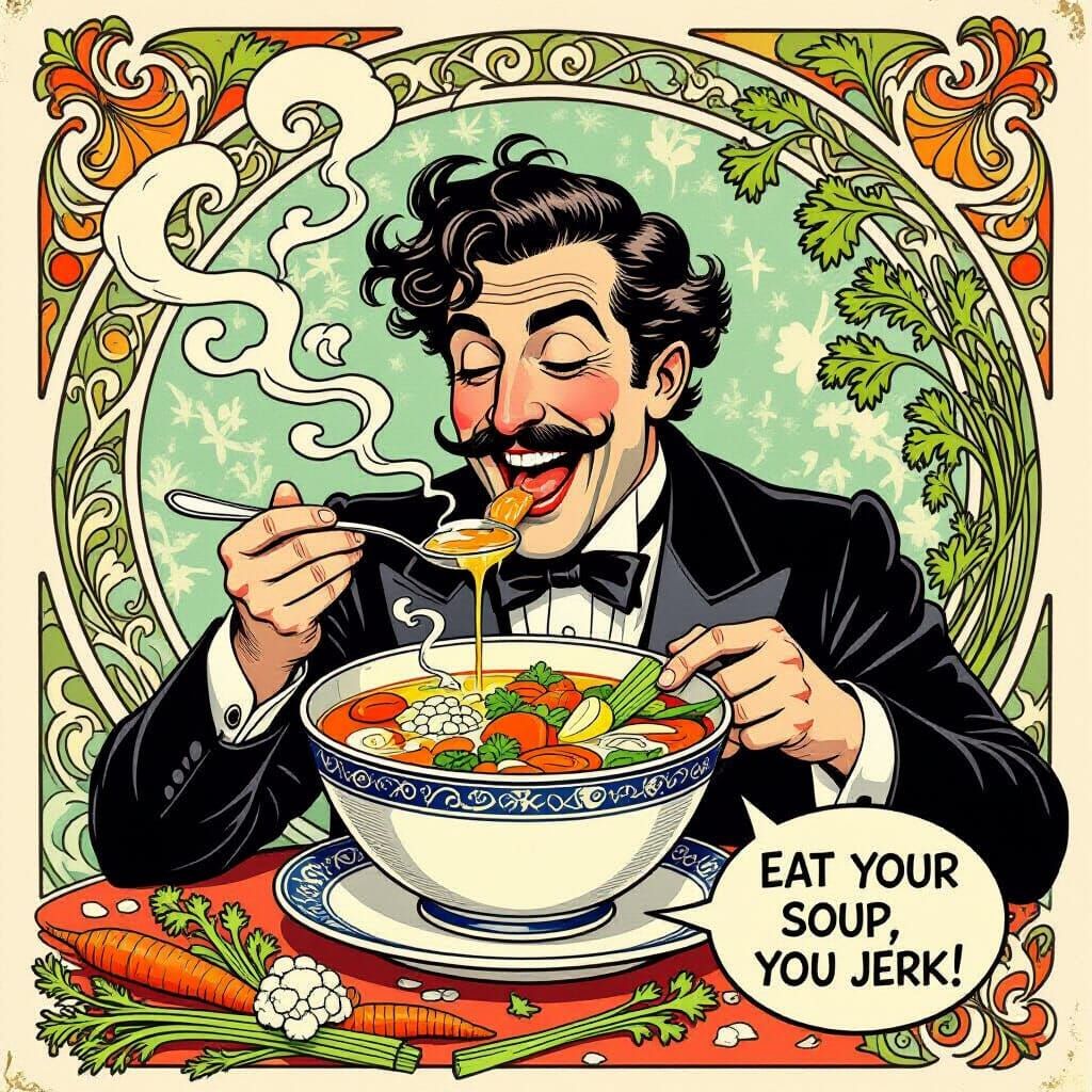Art Nouveau Man Comically Eats Soup in Dadaist Style