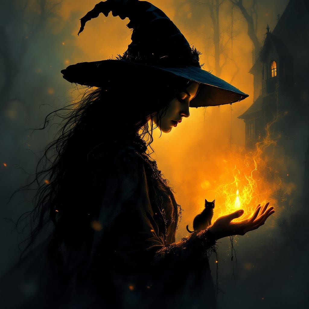 Witch Silhouette Double Exposure with Haunted House