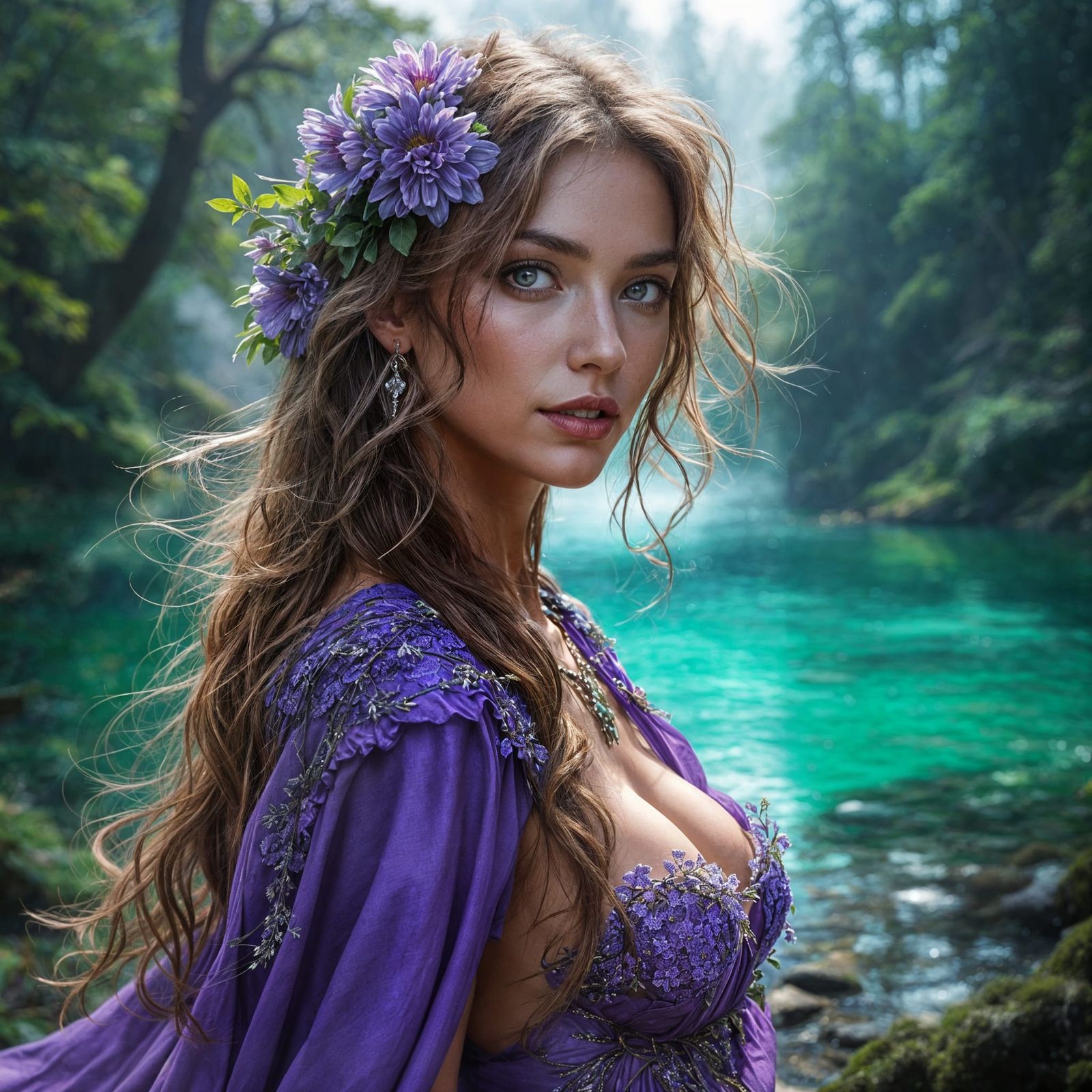 Freckled Witch with Purple Flowers by Turquoise Lake