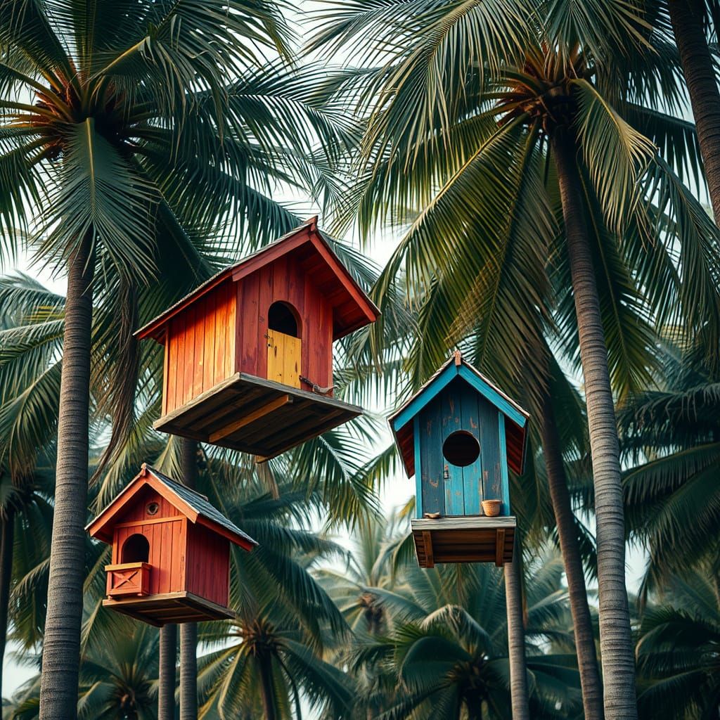 Vibrant Bird Houses in Palm Trees, Hyperrealistic