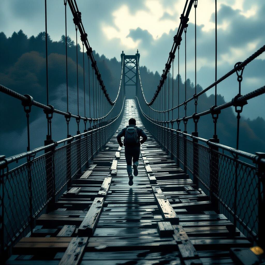 Hero Runs on Crumbling Bridge: Cinematic 35mm Film