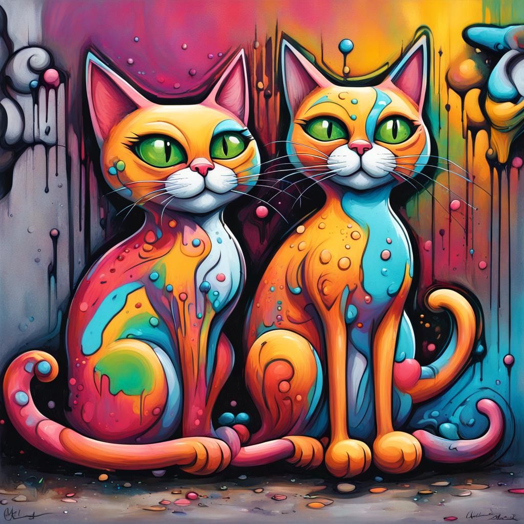 Whimsical Toon Cats in Vibrant Graffiti Art Style