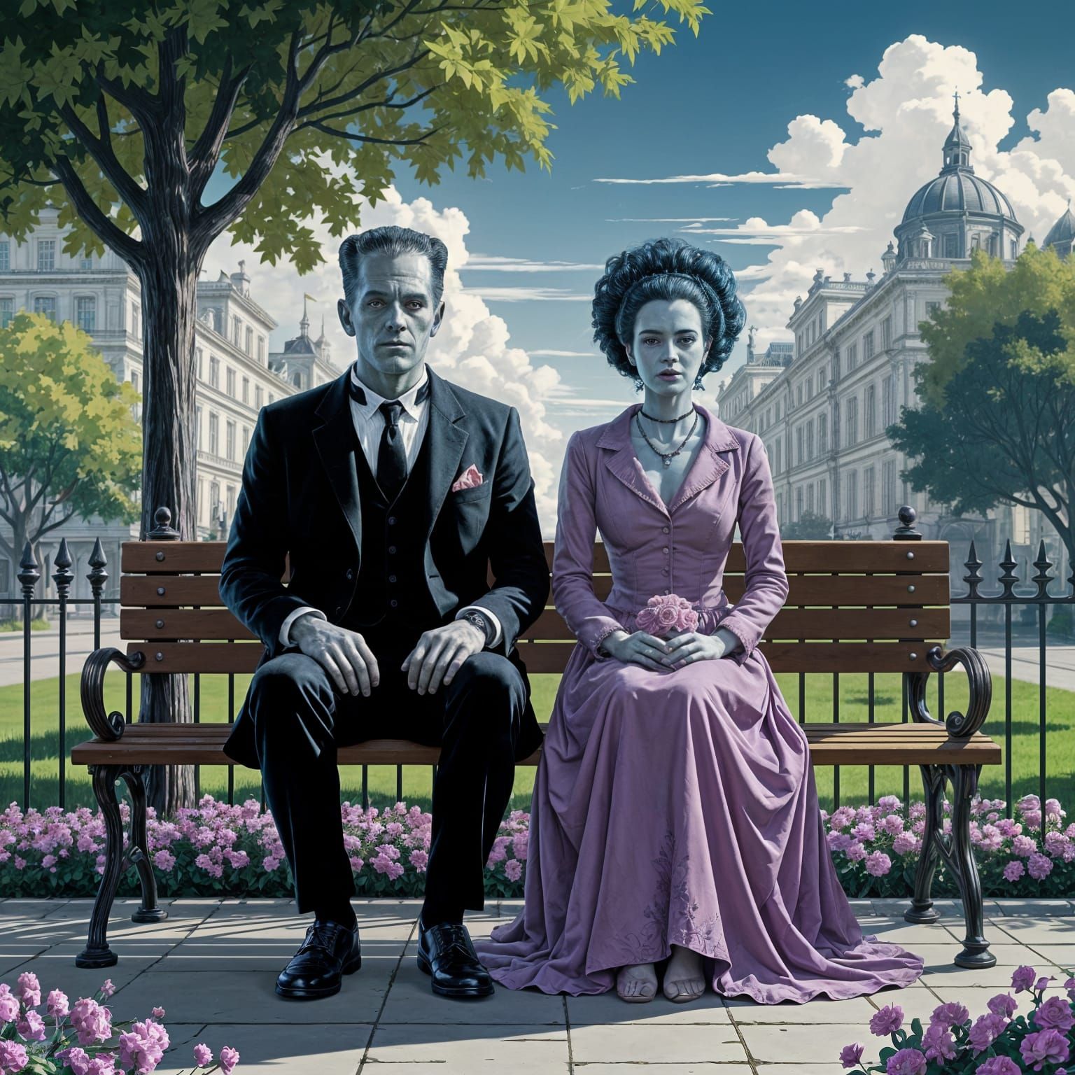 Frankenstein and Bride of Frankenstein in a Haunting Park Sc...