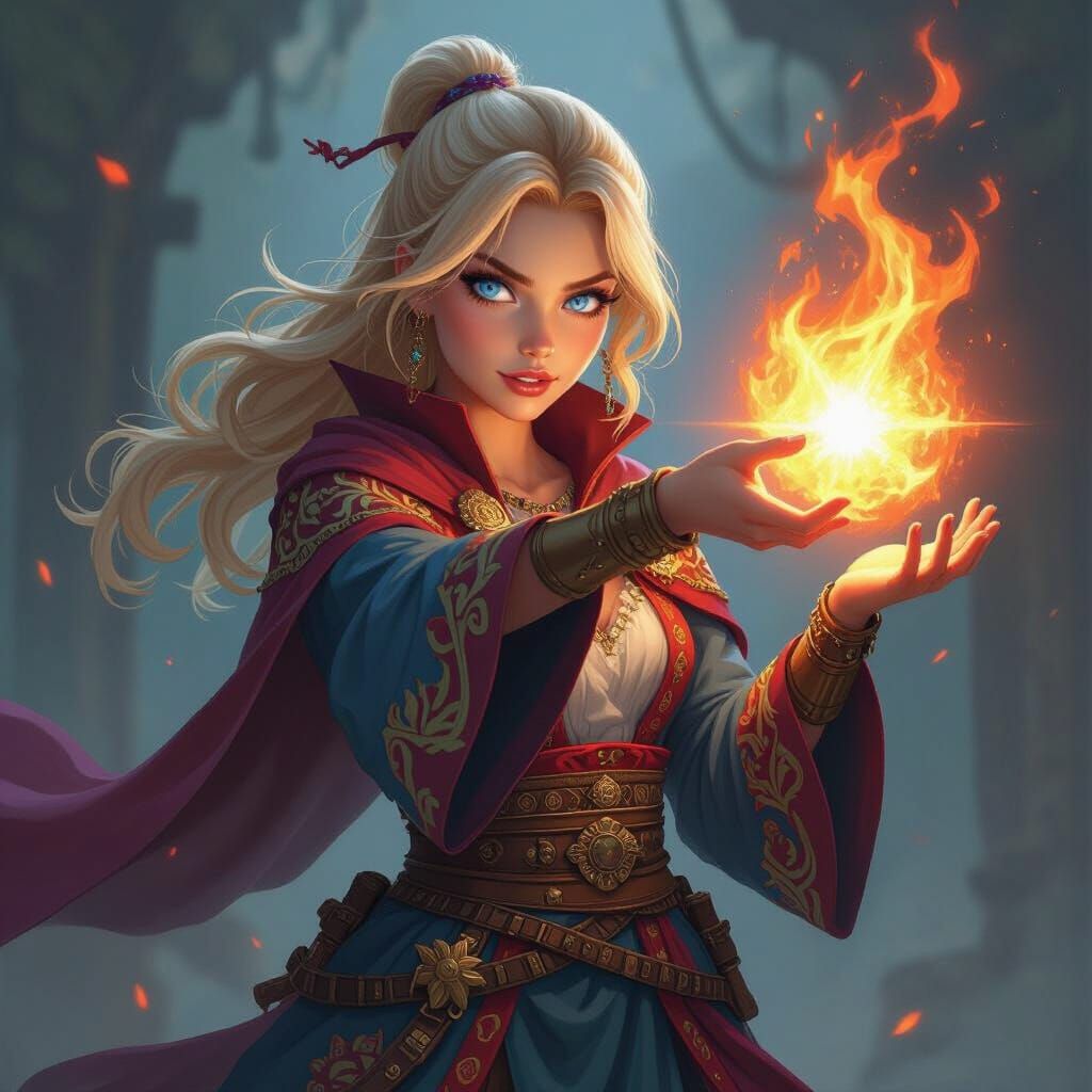 Female Wizard Casting Fire Bolt in Digital Art Style
