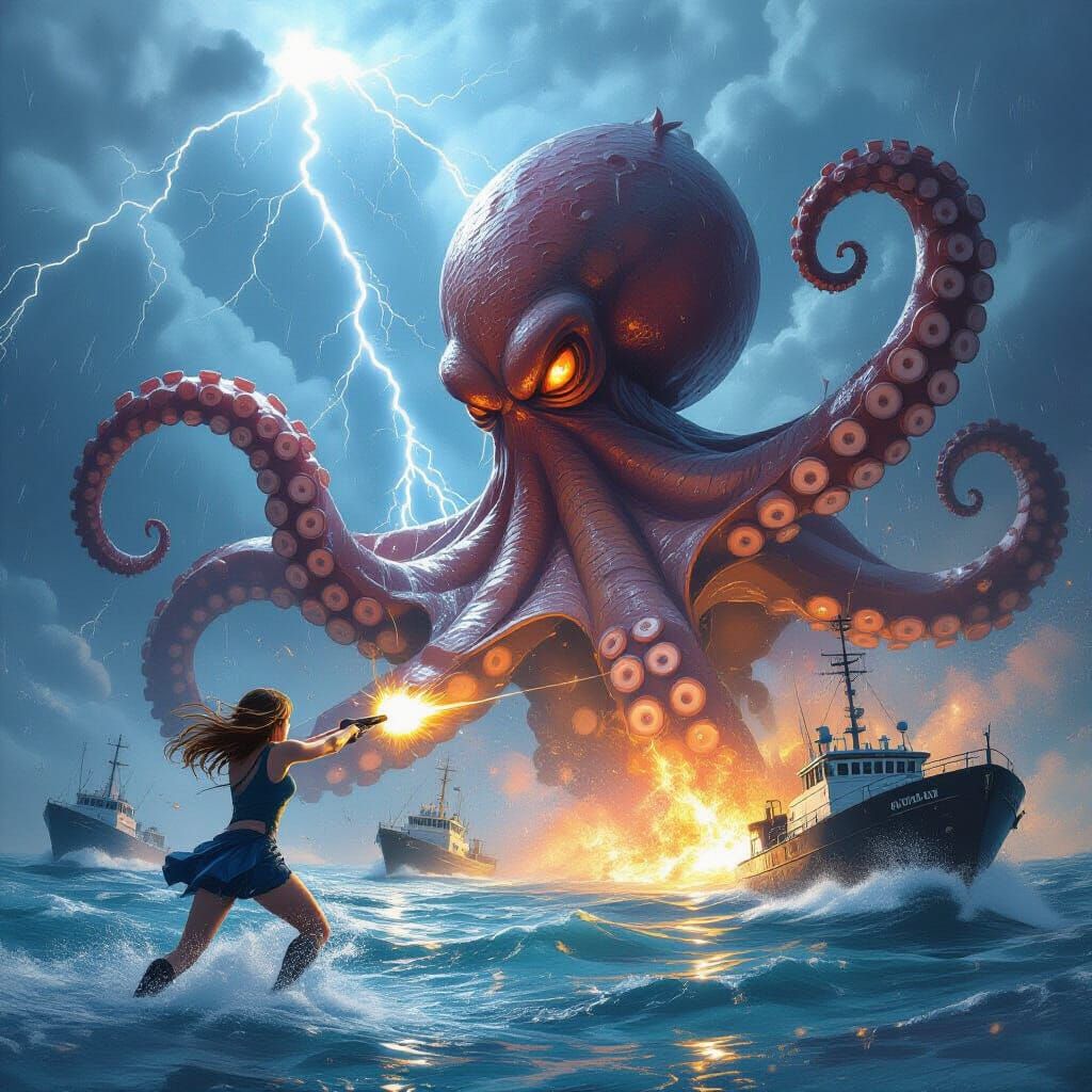 Spy Girl vs Giant Octopus in Stormy Seas