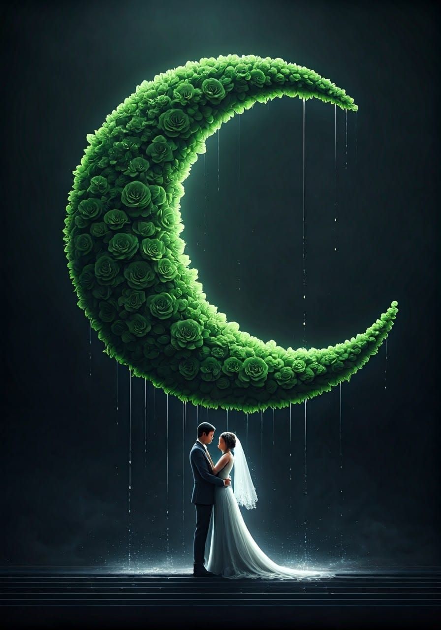Green Flower Moon with Couple and Spaceship