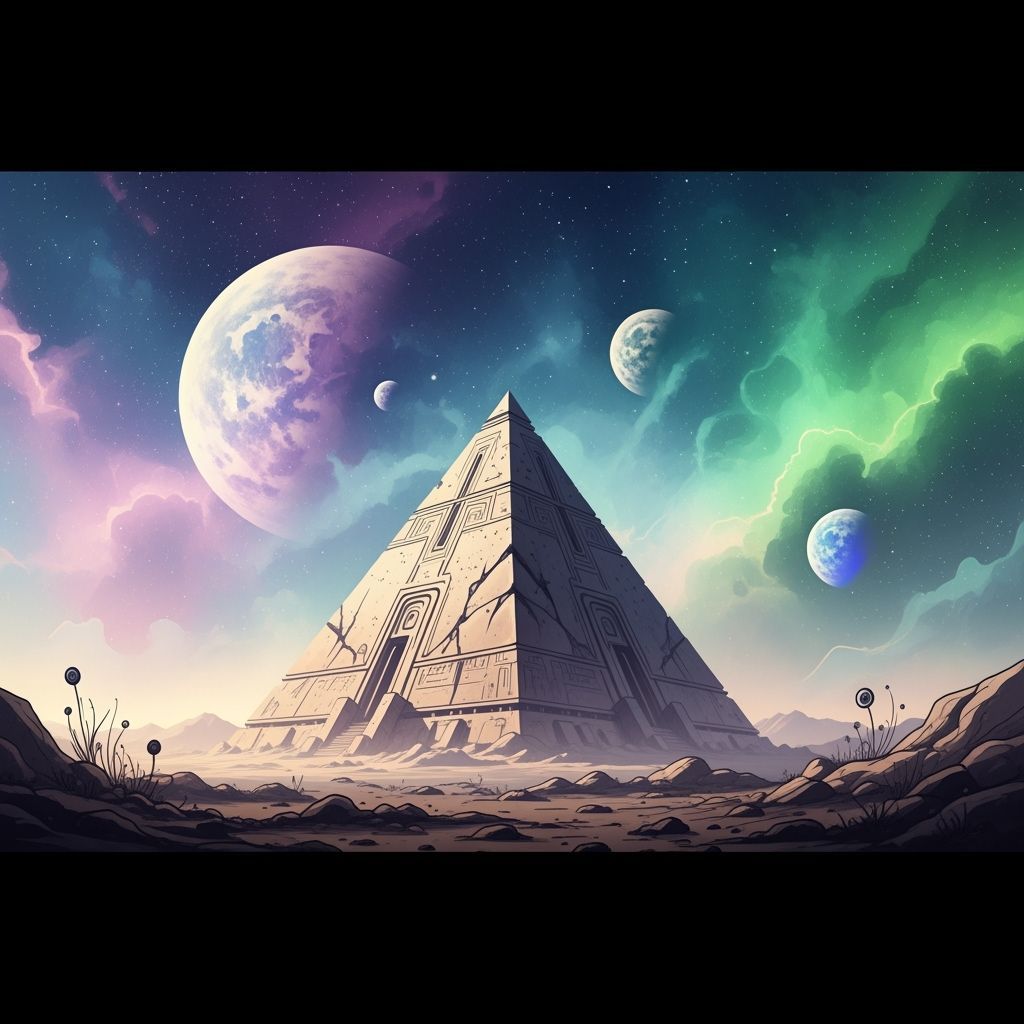 Weathered Pyramid on Alien Planet Under Twin Moons