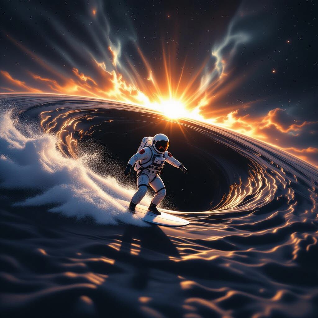 Astronaut Surfs Black Hole Rim in Cinematic Style