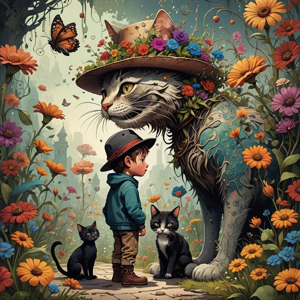 Whimsical Folk Art: Boy and Spindly Cat