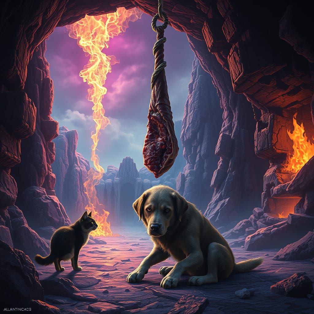 Tormented Dog in Dark Fantasy Landscape