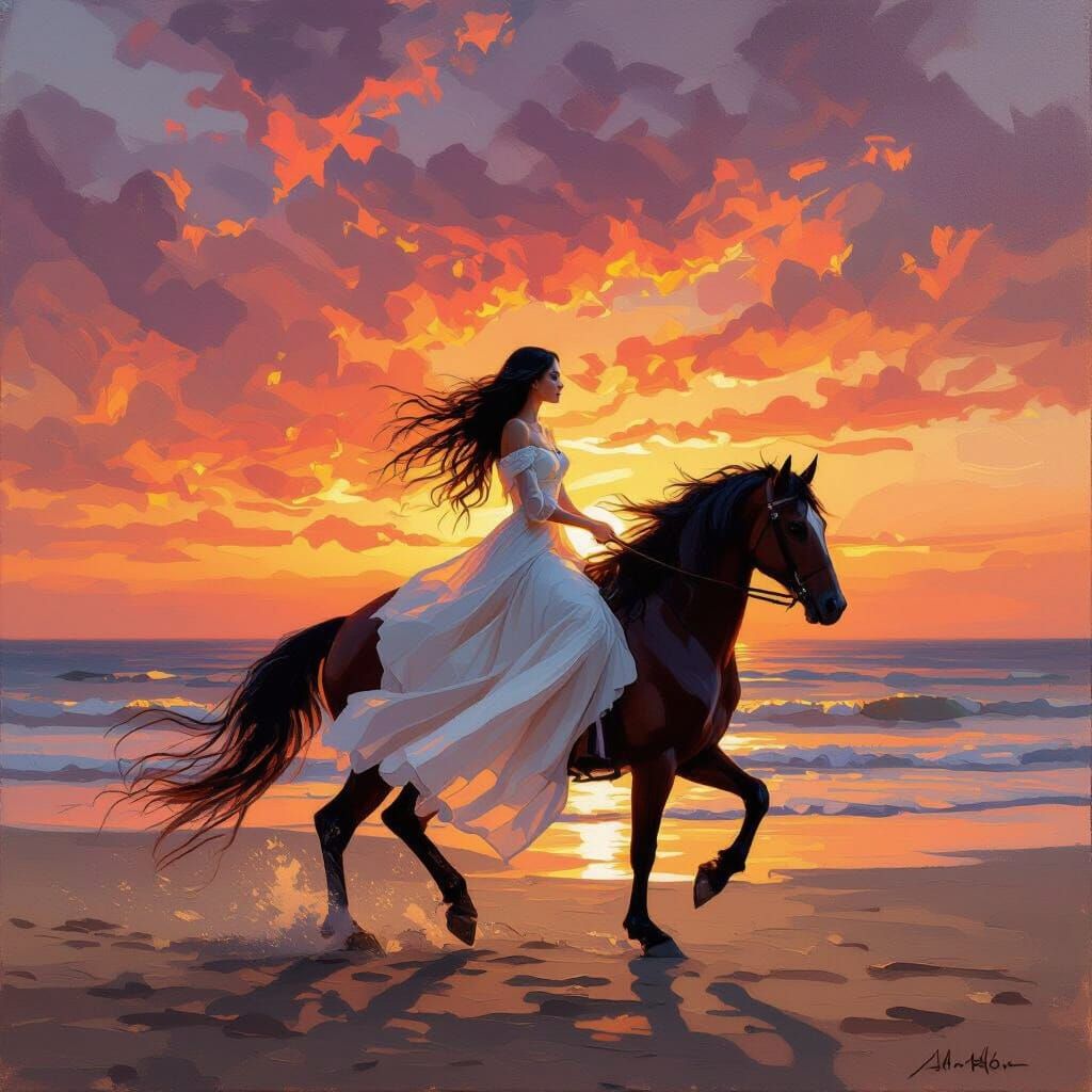 Surreal Sunset Beach Scene With Woman Riding Horse