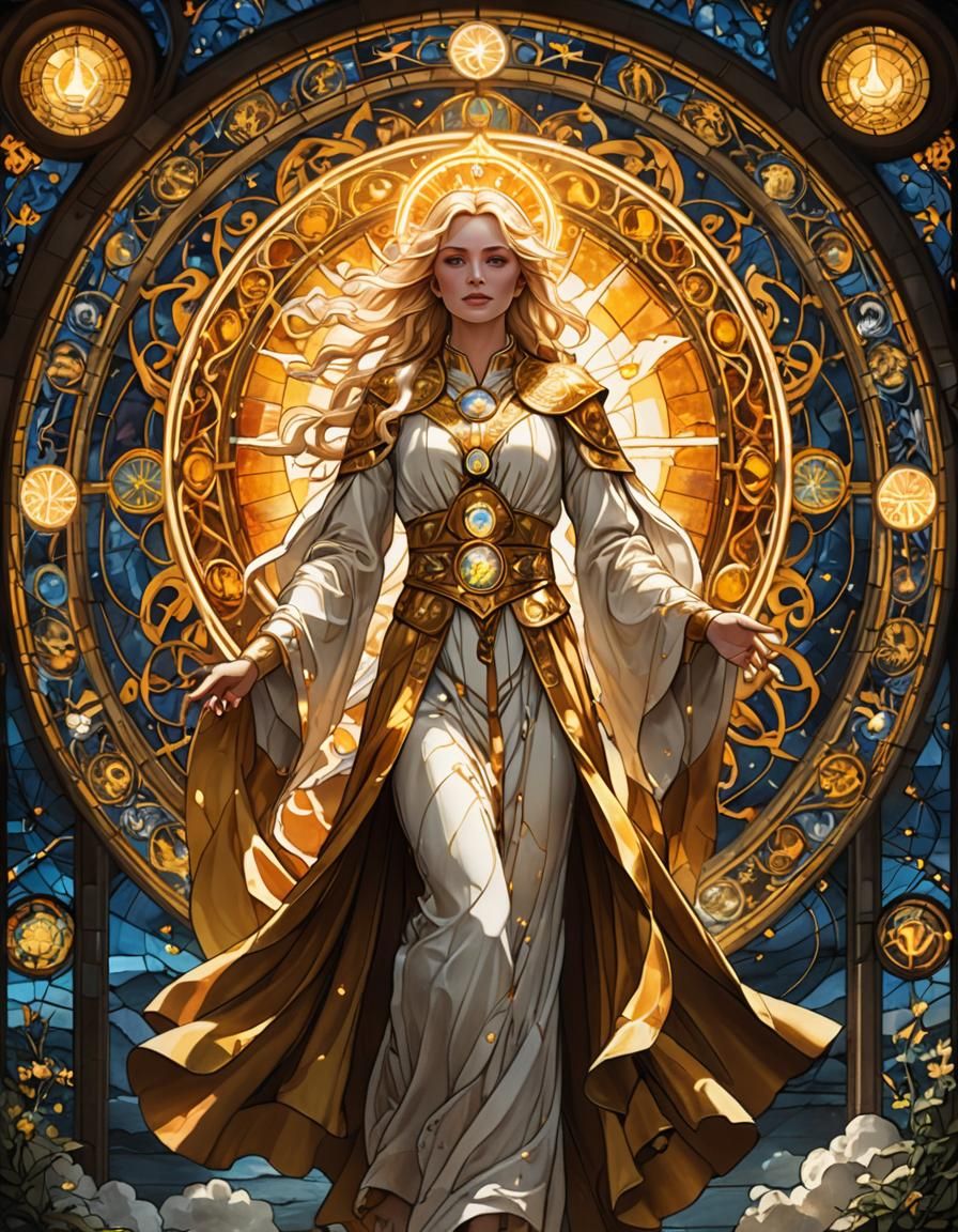 Stained Glass Woman with Golden Energy Portal