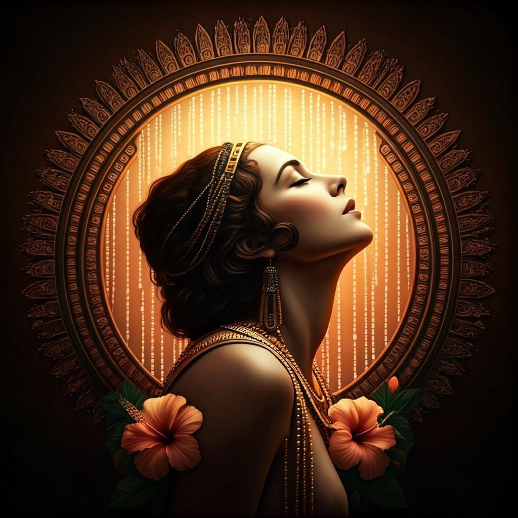 Art Deco Woman with Flowers and Beads