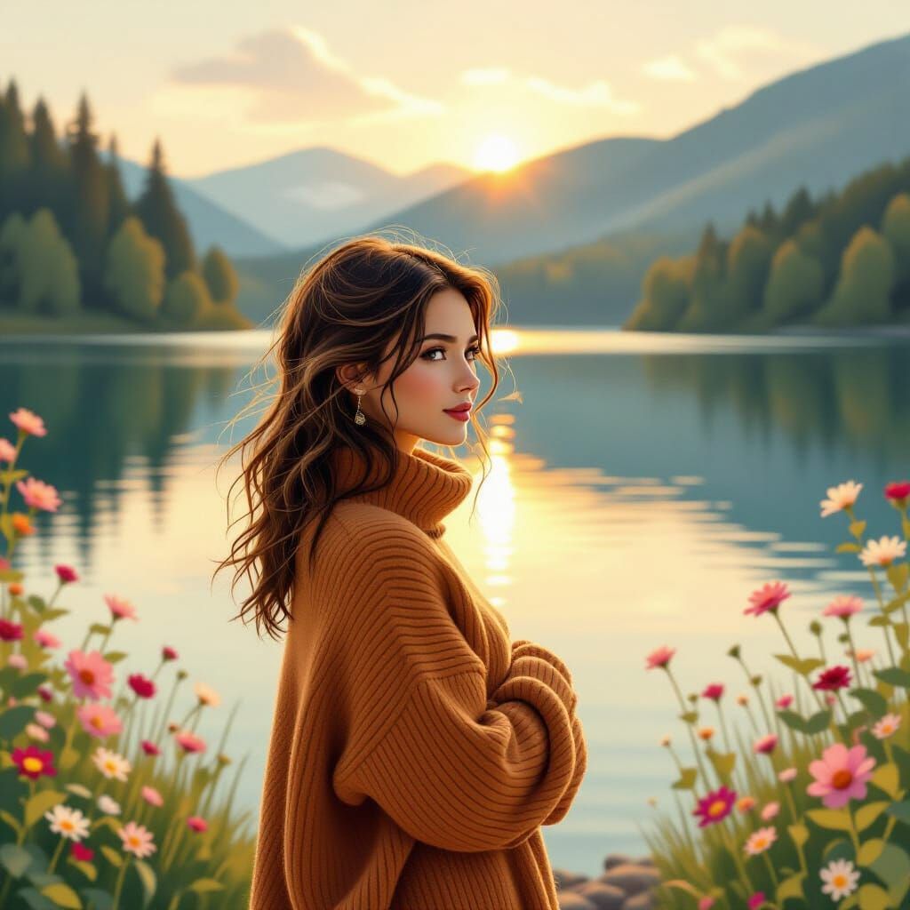 Woman in Golden Light at Lake's Edge