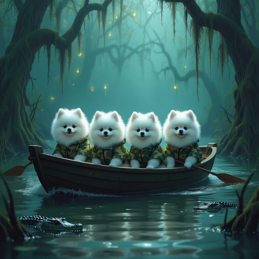 Pomeranians in Camo Ride Spooky Swamp Boat