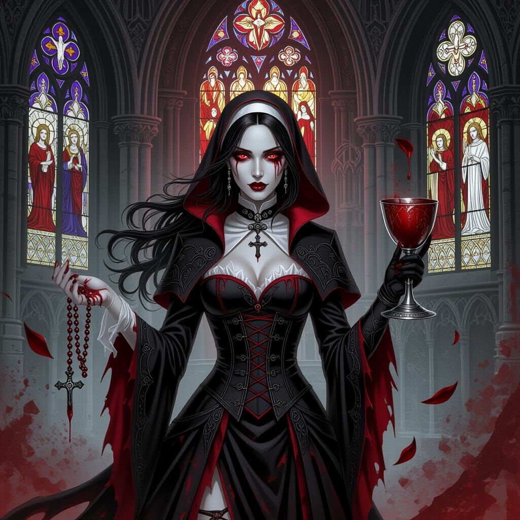 Gothic Vampire Nun with Serpent Hair in Moonlight