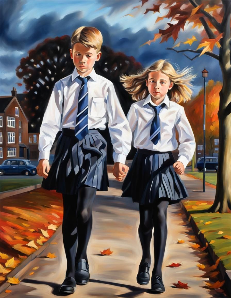 Boy in Sister's Uniform: Ultra Realistic Oil Painting