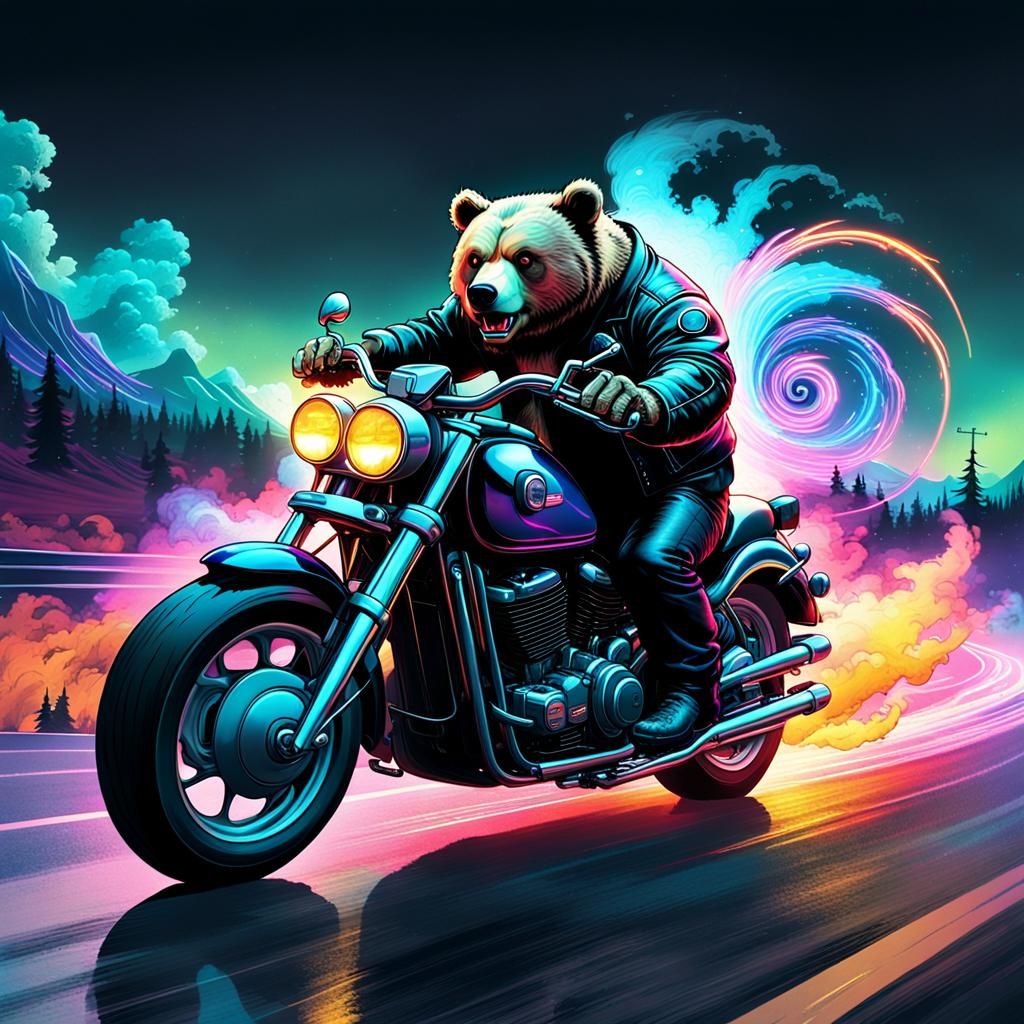 Bear on Motorcycle in Retro-Futuristic Synthwave Style
