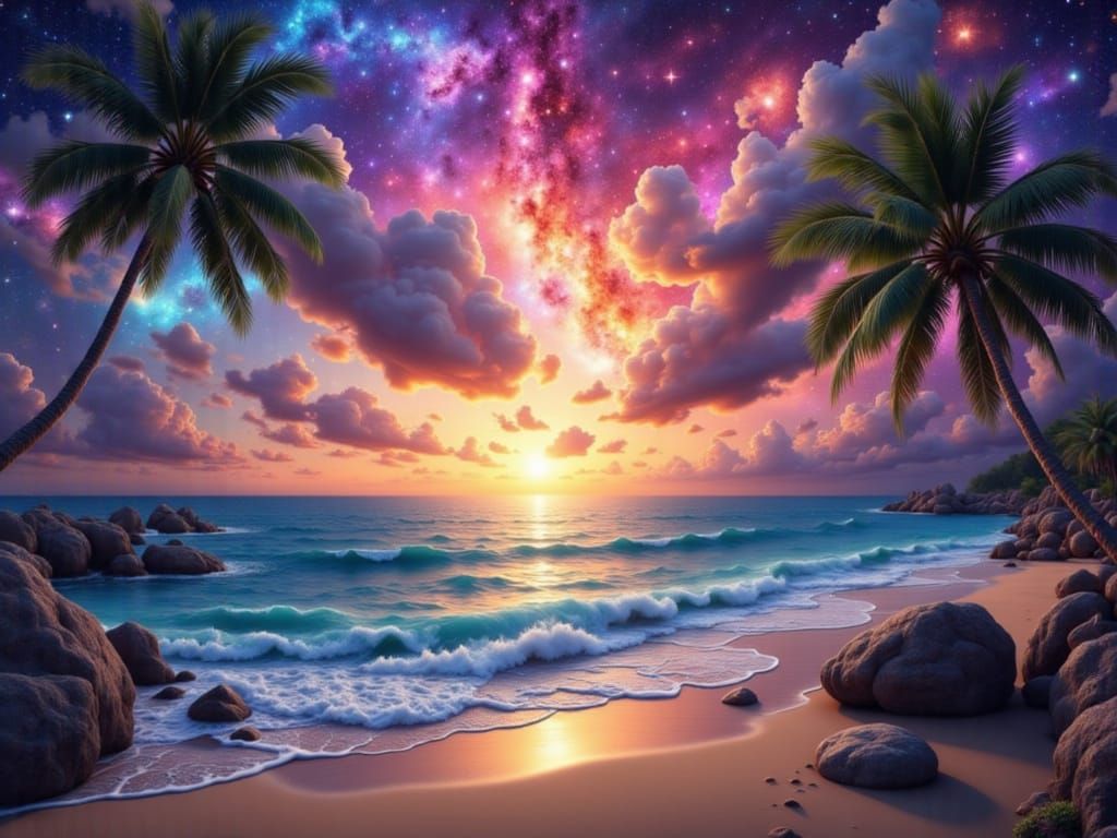 Bioluminescent Beach Sunset in Fractalpunk Style