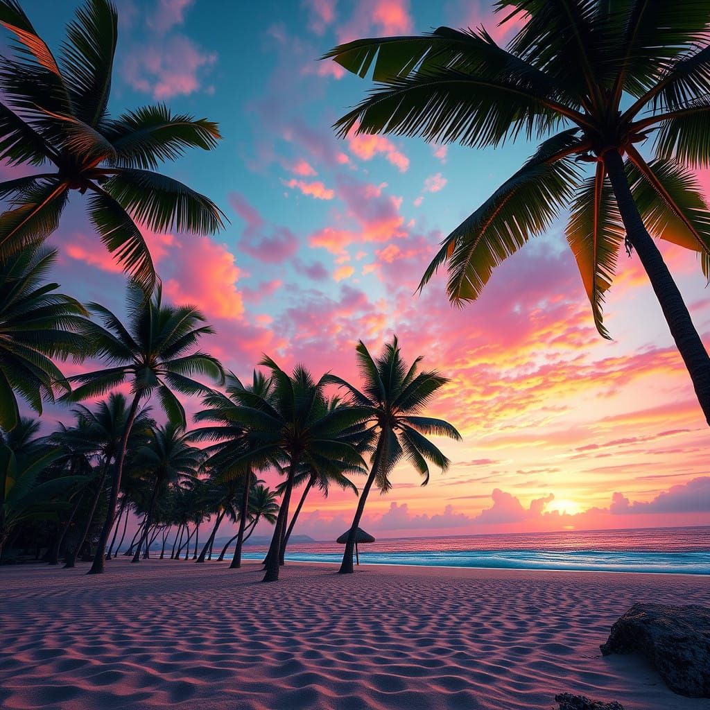 Serenic Beach Sunset with Palm and Banana Trees