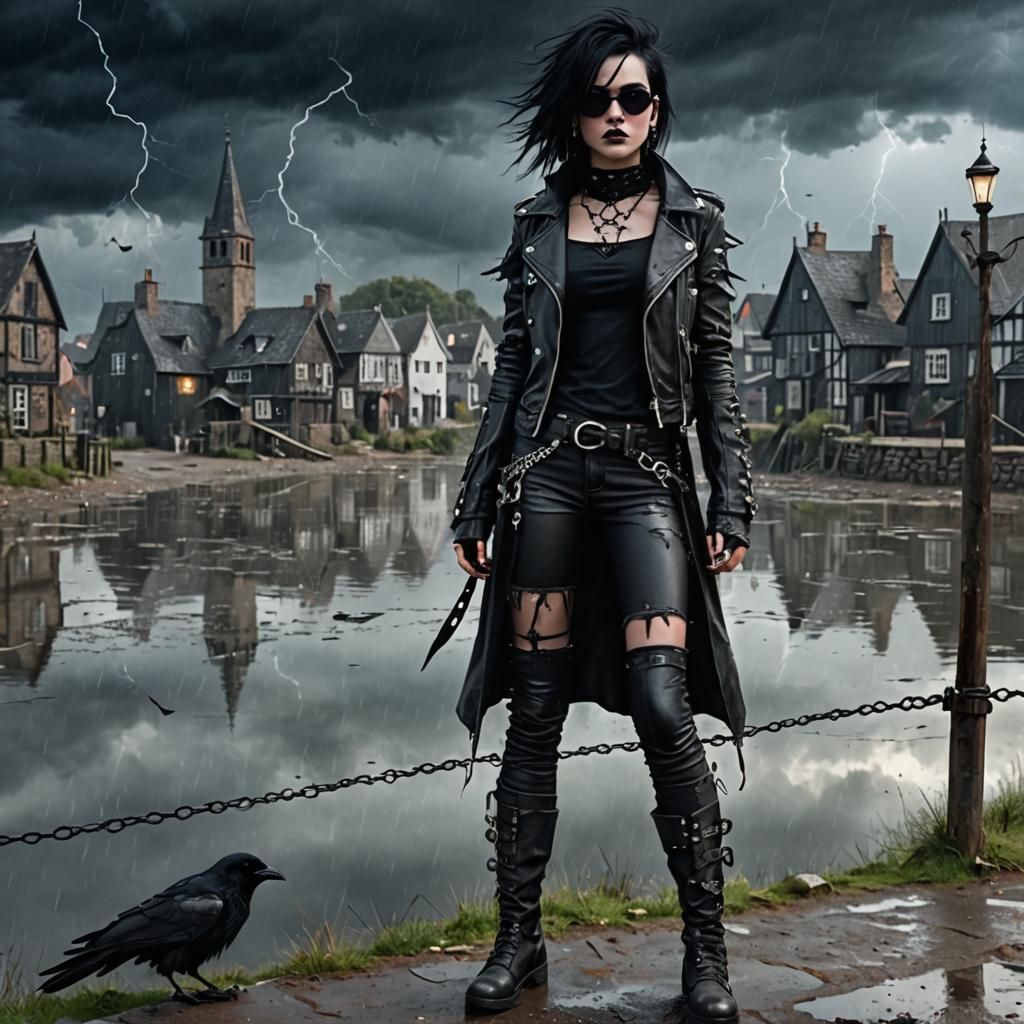 Gothic Raven Woman in Stormy Village