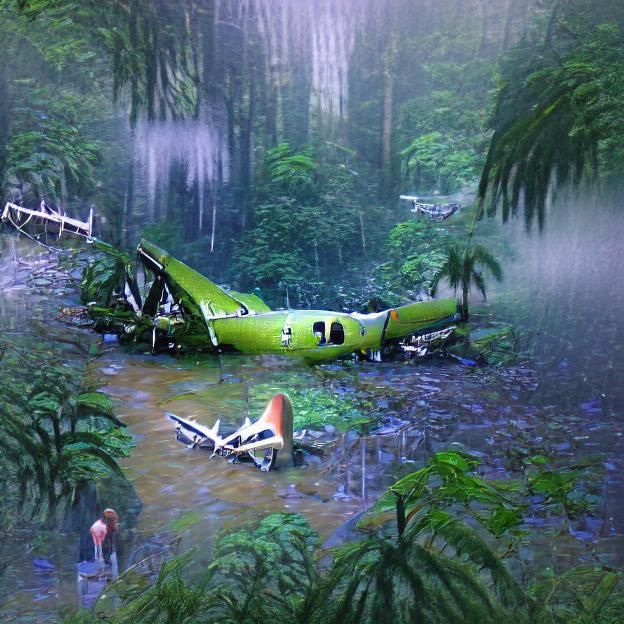 Crashed Airplane Amidst Rainforest Scenery