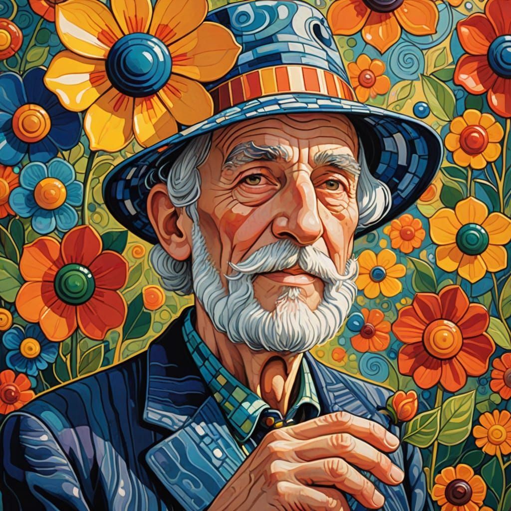 Elderly Man with Hat in Hundertwasser Style
