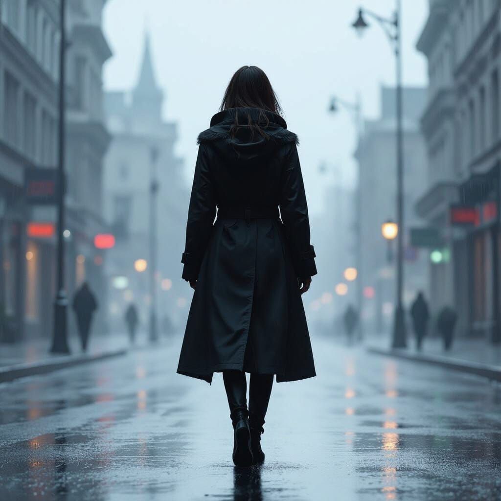 Woman Walks Rainy Street in Dramatic Light