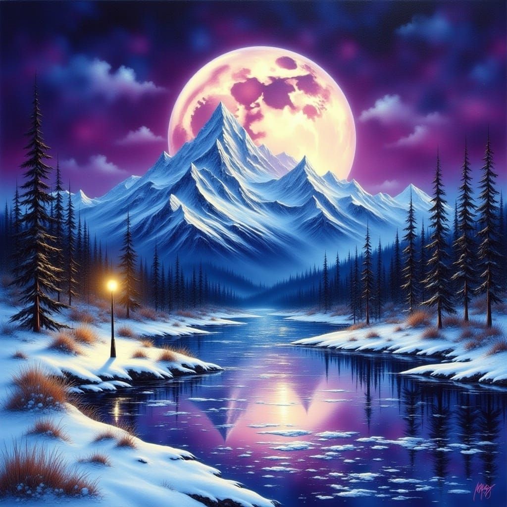 Super Moon Over Snow Mountains: Impasto Oil Painting