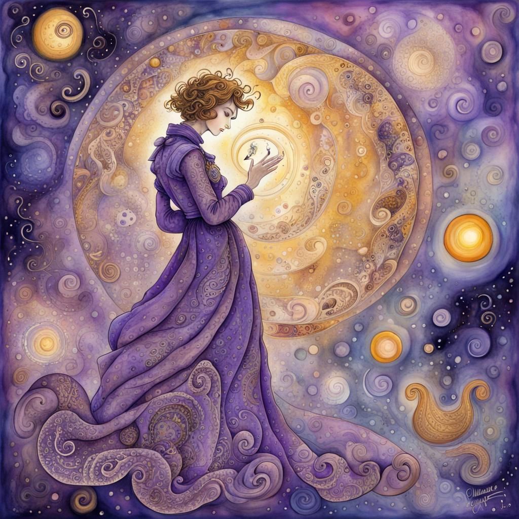 Cosmic Magician in Dreamscape, Watercolor and Ink