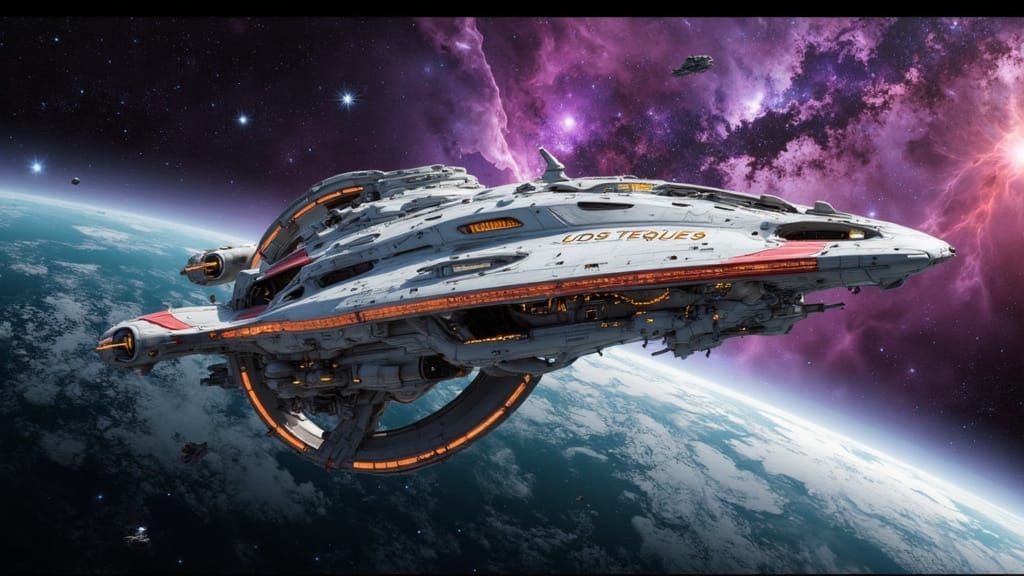 Colossal Galactic Dreadnought 'LOS TEQUES' in Neon Glow