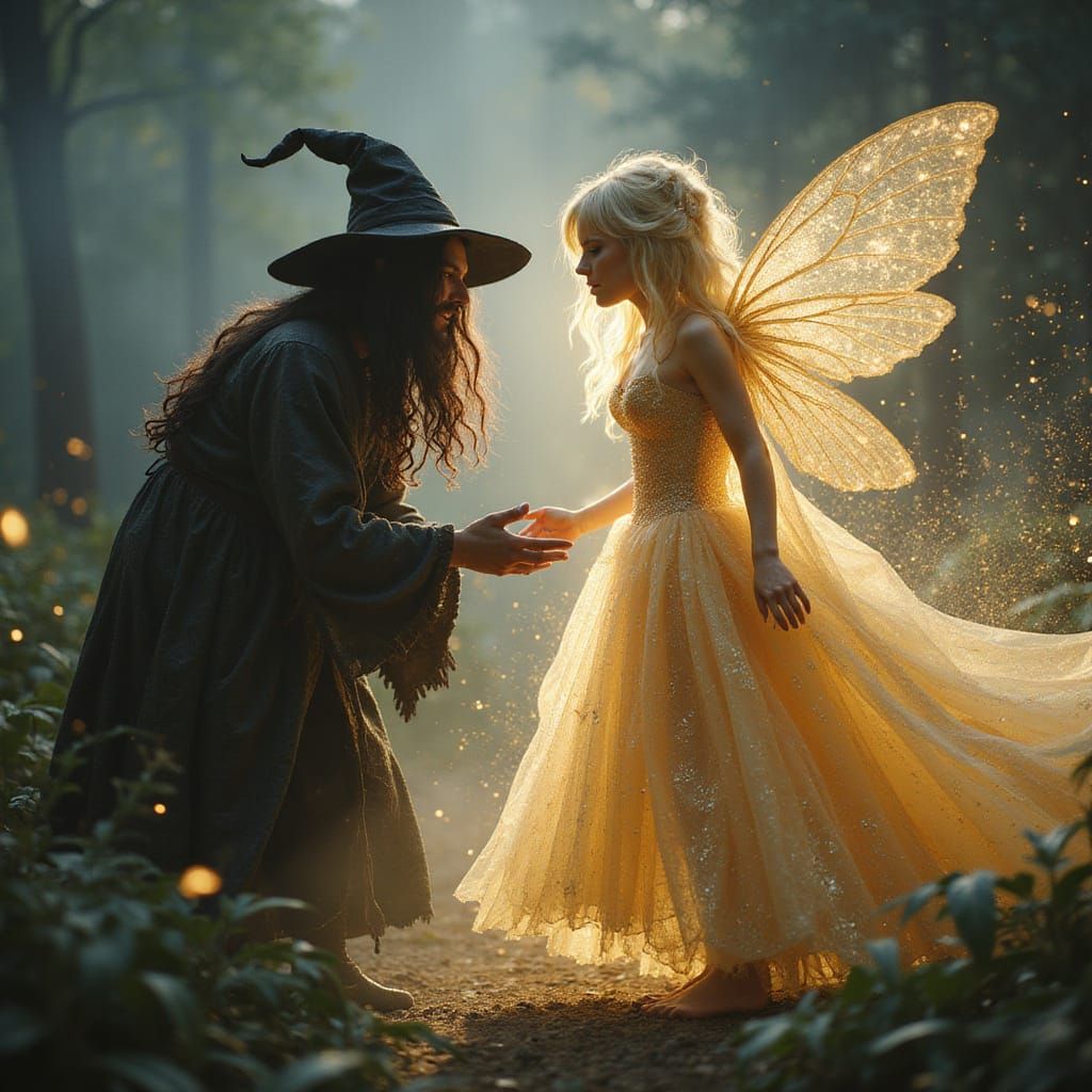 Witch Battles Fairy Godmother in Chaotic Fantasy Scene