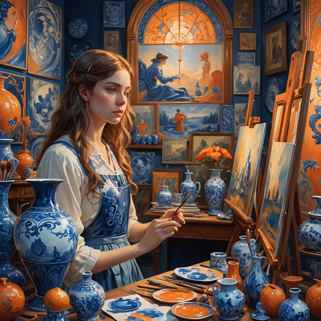 Girl Painting Delft Vase in Art Nouveau Style