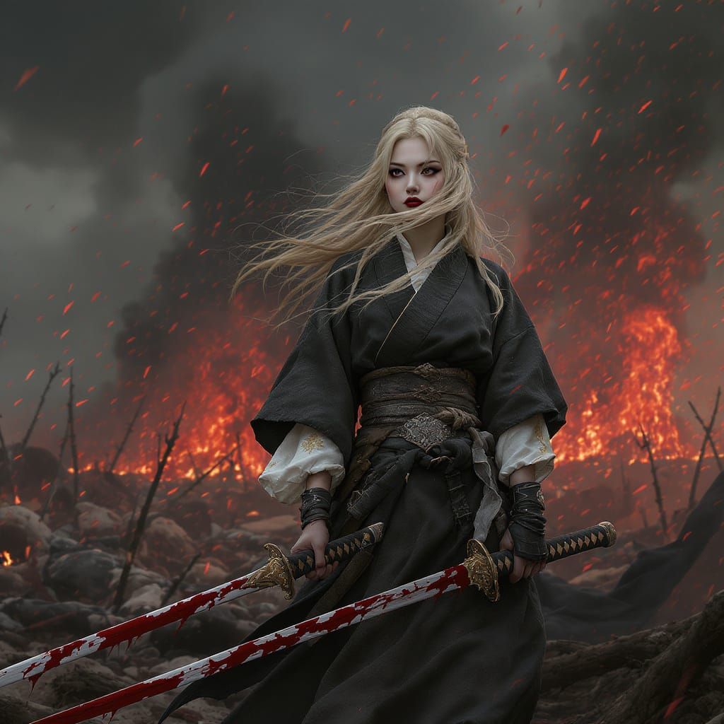 Confident Ninja Warrior on Battlefield in Hyperdetailed Real...