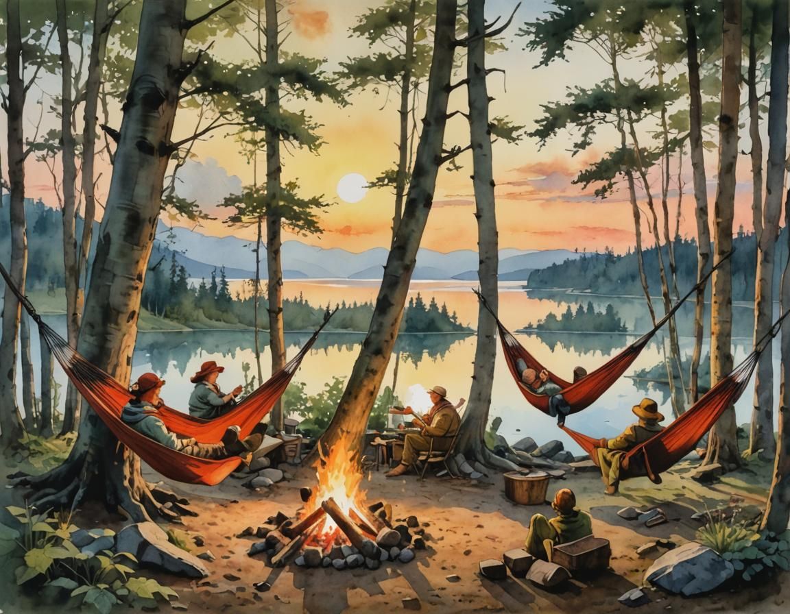 Camping with friends by the lake