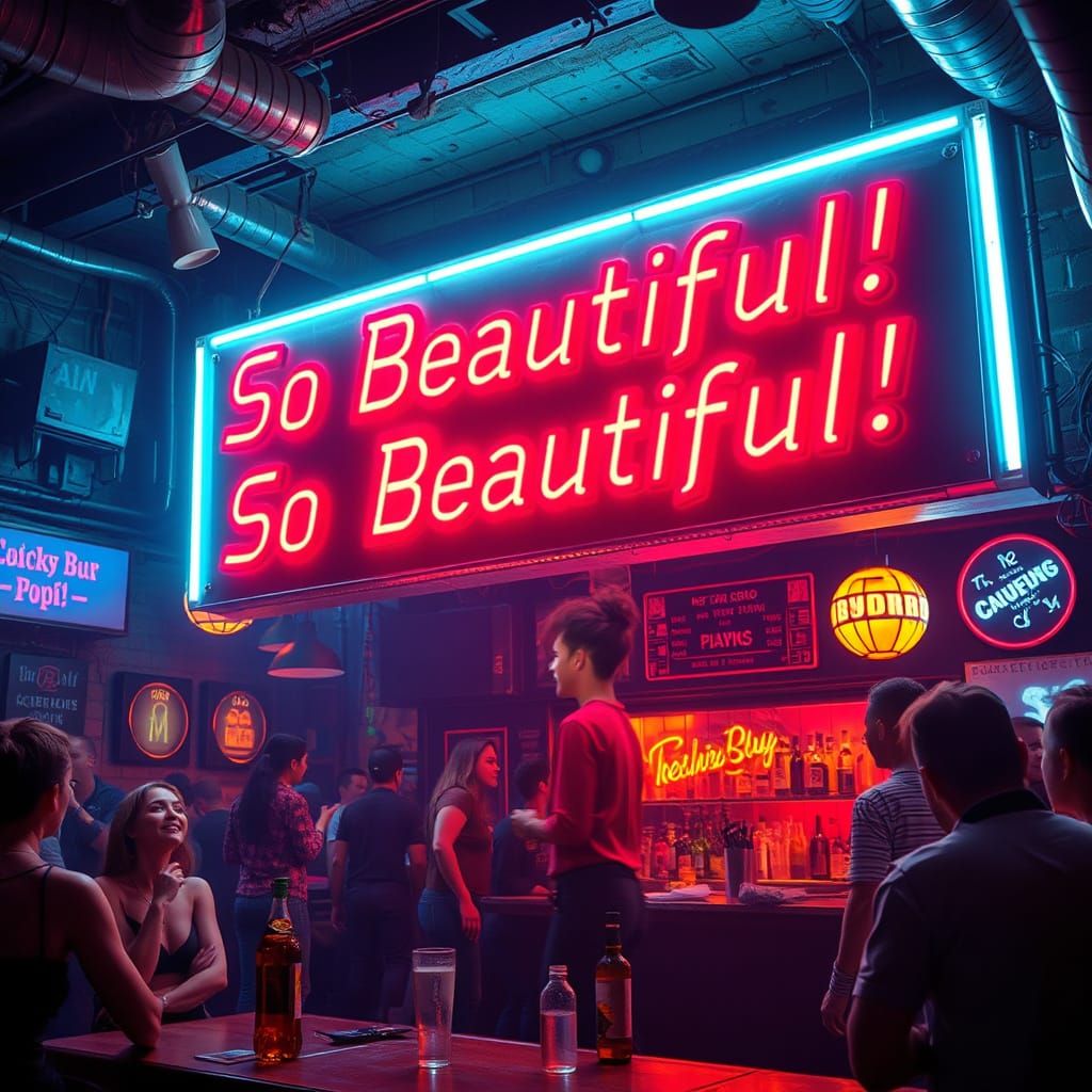 Lively Cyberpunk Pub Party with Electric Banner