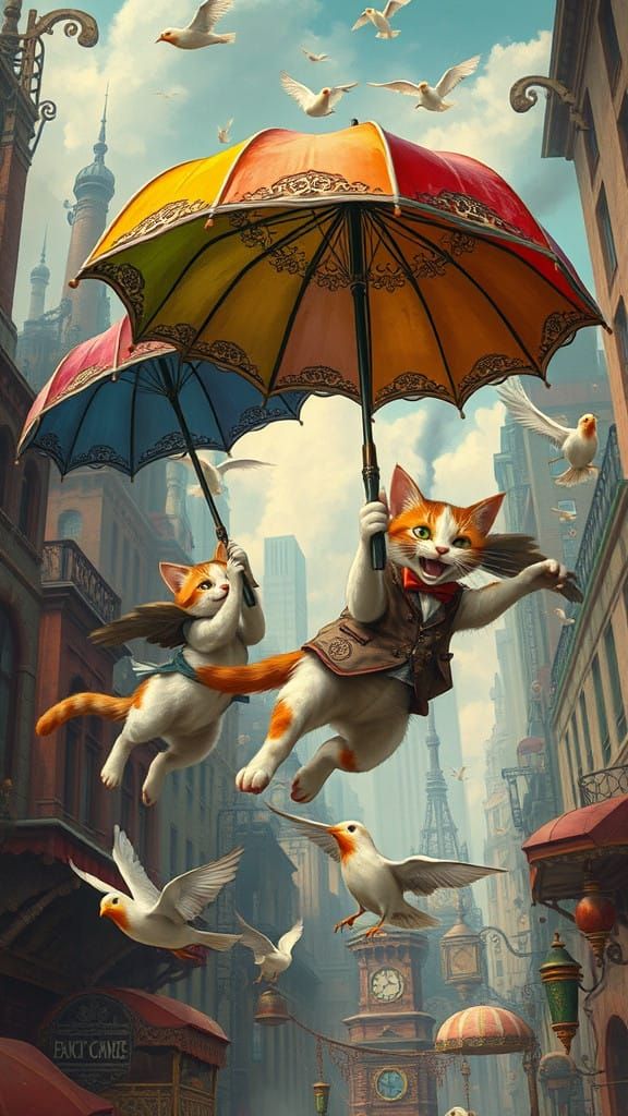 An trio of cats flying under umbrellas chase a couple of bew...